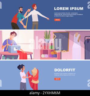 tailors. sewing characters making fashioned clothes. vector horizontal banners Stock Vector