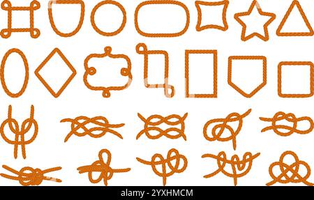 Rope frames set. String borders different shapes, round star square triangle frame. Professional nautical threads knots for sailing, neoteric vector Stock Vector