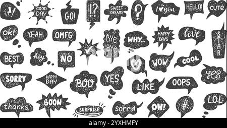 Crayon drawing speech bubbles. Grunge pencil chalk talk balloons or communication flames drawn with emotional phrases. Message shapes neoteric vector Stock Vector