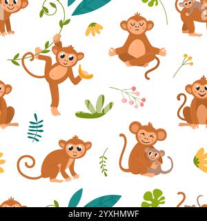 Funny monkey seamless pattern. Cute monkeys various poses characters. Exotic animals children fabric print, wrapping or wallpaper classy vector Stock Vector