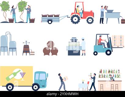 Cartoon flat wine production. Winery process from harvest grapes to testing in restaurant or bar. Fermentation, aging in wooden barrels Stock Vector