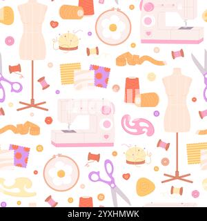Handmade needlework seamless pattern. Different tools for tailor or clothes sewing. Mannequin embroidery scissors beads threads, racy vector Stock Vector