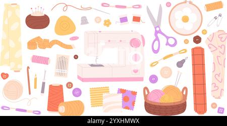 Sewing hand made design. Tools for sew, needles pins threads measuring tape. Embroidery and basket with wool, scissors, racy vector clipart Stock Vector