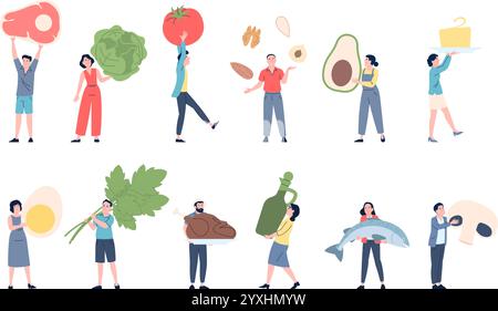 People holding giant food. Keto diet products, eggs meat vegetables. Women men eating fresh ingredients. Grocery store or market recent vector Stock Vector