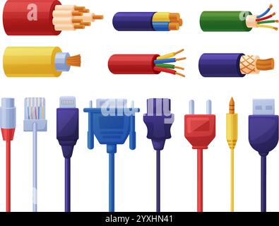 Cartoon cables and connectors. Power transmission electrical elements. Hdmi usb cable, various copper wires. Modern technologies nowaday vector set Stock Vector