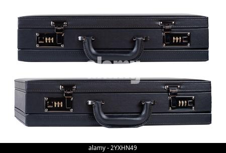 Black premium leather business briefcase with a combination lock isolated on white background cut out two views of modern secure travel suitcase for b Stock Photo