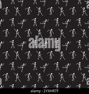 Dancing skeletons on a black background. Seamless pattern. Vector illustration. Stock Vector