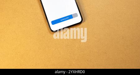 Smartphone OS update in progress showing 80 percent, loading bar on modern mobile phone screen with copy space, software upgrade in progress concept, Stock Photo