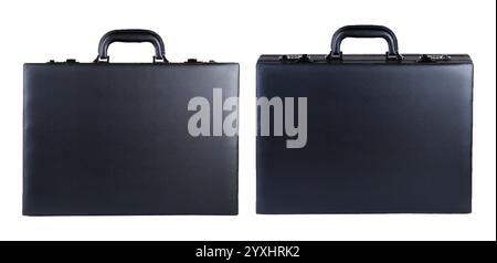 Sleek black office suitcase set front side view, professional business briefcase isolated on white, versatile executive bag, leather case for corporat Stock Photo