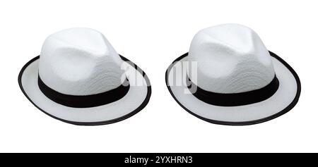 Two white fedora hats with black bands isolated on white background, cut out, elegant accessories different angles, classic style, fashion design elem Stock Photo