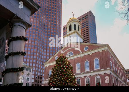 Christmas Tree at Quincy Hall-Faneuil Hall Marketplace in Boston, Massachusetts, US. Stock Photo