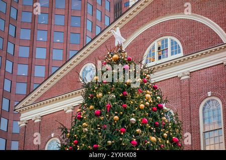 Christmas Tree at Quincy Hall-Faneuil Hall Marketplace in Boston, Massachusetts, US. Stock Photo