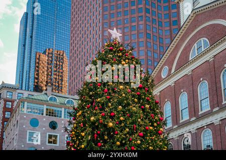 Christmas Tree at Quincy Hall-Faneuil Hall Marketplace in Boston, Massachusetts, US. Stock Photo