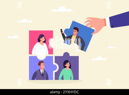 New employee puzzle. HR manager businessman leader hand join connect new employee to company office team, colleague jigsaw piece welcome job onboarding concept vector illustration original artwork Stock Vector