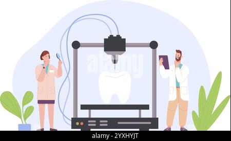 Tooth 3d printing. Dentistry scientist engineer print teeth model prototype computer engineering machine orthodontic lab, future innovation technology medicine vector illustration original artwork Stock Vector