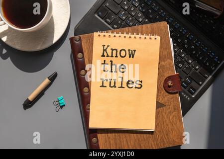 Know the rules message written on ripped torn white paper piece with yellow background. Conceptual know the rules symbol. Copy space. Stock Photo