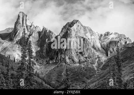 The spires of Snowden Mountain tower over the Arctic tundra and Boreal forest in the Brooks Range of Arctic Alaska. Stock Photo