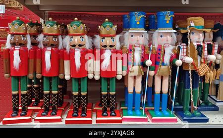 Nutcracker Christmas decorations ornaments on supermarket shelf. Stock Photo