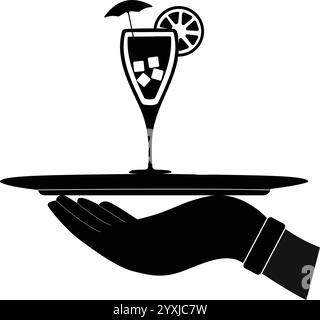 Soft drink served, Juice Drink icon with ice, summer drinks with Hand , Lemon soda, cocktails drink, Drink Served in Plate Stock Vector