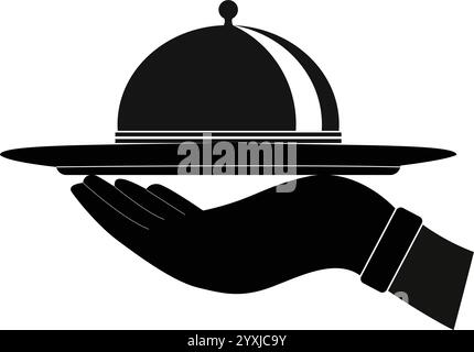 Restaurant cloche icon, Food Restaurant, Hot food cloche, holding tray icon, Restaurant waiter food, Serving dish in cloche, Service Dinner Plate Stock Vector