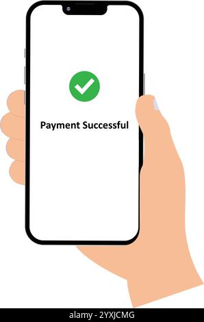 Payment done in Phone, Payment with Mobile, Payment approved in Phone, Payment successful checkmark, Green check mark on smartphone, Green done check Stock Vector