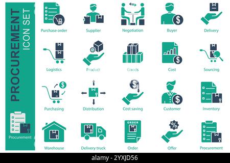 Procurement icon set. solid icon style. icon related to business, logistics. purchase order, supplier, delivery, and more. business element vector ill Stock Vector