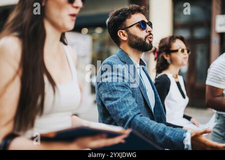 Casual business team discussing ideas in an outdoor setting Stock Photo