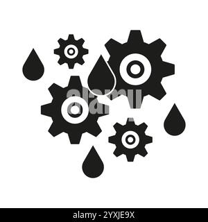 Gear and oil drops. Mechanism vector icon. Industrial concept symbol. Black isolated elements. Stock Vector