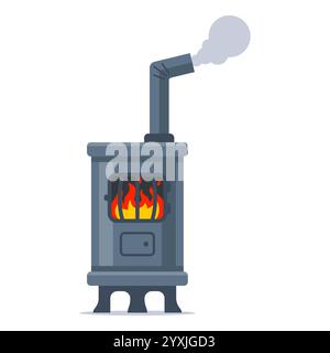 Iron stove with a pipe. Heating in the apartment. Stock Vector