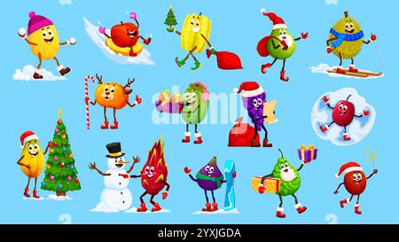 Christmas and New Year winter tropical fruit characters engaging in joyful Xmas celebration and fun outdoor activities. Cartoon vector grape, melon, m Stock Vector