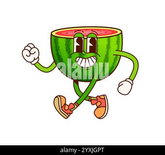 Groovy cartoon watermelon half funny character. Delicious ripe watermelon cheerful funky isolated vector mascot, summer dessert food happy smiling per Stock Vector