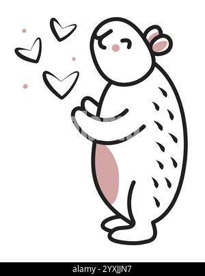 Cute black line dreamy capybara in love plays with hearts, vector doodle of trendy kawaii character, big friendly rodent for a postcard, coloring page Stock Vector