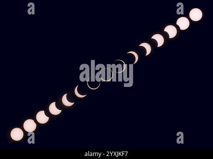 A composite of the various stages of the entire October 14, 2023 annular solar eclipse. Stock Photo