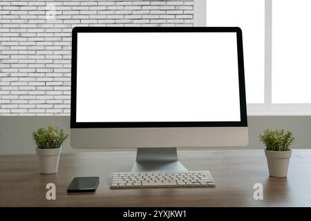 man working on laptop empty screen computer with white background for advertising text Stock Photo