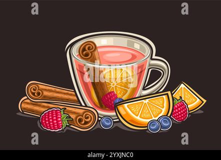 Vector logo for Fruit Tea, horizontal poster with cartoon design traditional tea composition, decorative chalkboard with pink delicious tea in transpa Stock Vector