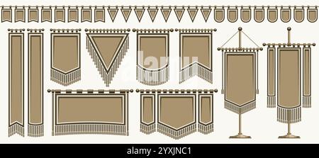 Vector Medieval Flag Set, collection of cut out illustrations standing variety ancient flags on flagpole with copy space for slogan, group of 11 decor Stock Vector