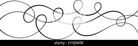 Black thin squiggle lines. Wavy wiggle stripes pattern decoration. Curvy thread, string or yarn strikes for ornament, decor, separate, divider. Tangled squiggly linear doodle wave shapes. Vector Stock Vector