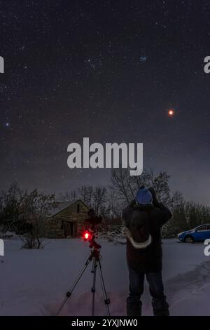 Astronomer observing the total eclipse of the Moon in Alberta, Canada. Stock Photo
