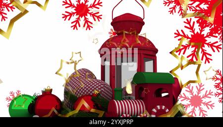 Image of falling red snowflakes and christmas lantern over white background. Christmas, tradition and celebration concept digital generated image. Stock Photo