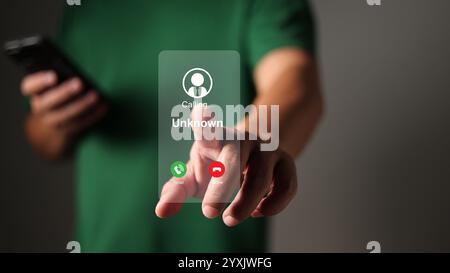 Man answering to incoming call, Phone call from unknown number, Unknown number calling in the middle of the night, Phone call from stranger, Call cent Stock Photo