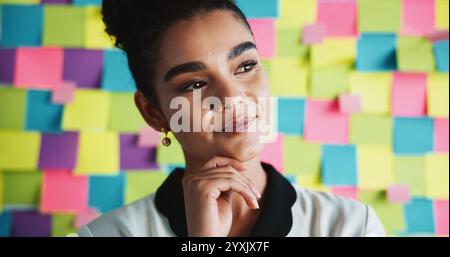 Woman, thinking or business in office with planning, startup opportunity or career development. Creative person, mindmap or ideas at sticky note Stock Photo