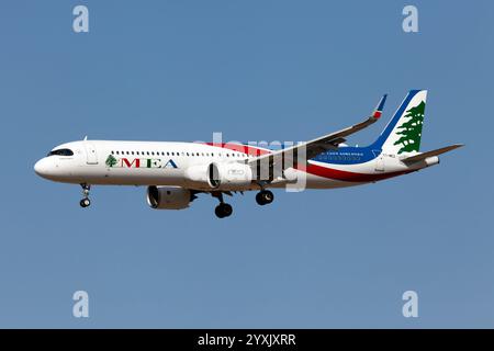 Rome, Italy. 04th Aug, 2024. A Middle East Airlines (MEA) Airbus A321NX landing at Rome Fiumicino airport. Airlines across the Middle East are facing significant disruptions following the closure of key airspaces in response to escalating regional tensions. The closures came after Iran launched missile strikes on Israel. MEA - Middle East Airlines is resuming its regular flight schedule starting 12 December 2024. (Photo by Fabrizio Gandolfo/SOPA Images/Sipa USA) Credit: Sipa USA/Alamy Live News Stock Photo