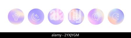 Vivid gradient circles with line art of sun, moon and mystic evil eye Stock Vector