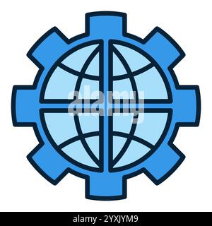 Earth Globe inside Cog Wheel vector Balance of Power concept blue icon or design element Stock Vector