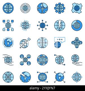 Multipolarity blue vector icons set. International Relations signs. Earth Globe symbols Stock Vector