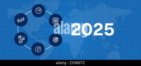 2025 new year blue map futuristic technology trend company target icon set calendar forecast Stock Vector