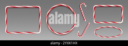 3D candy cane frames set isolated on transparent background. Vector realistic illustration of round, rectangle, oval shape striped caramel borders for Christmas card or holiday banner decoration Stock Vector