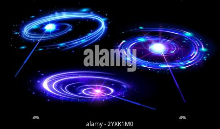 Magic wand neon portal effects with swirling blue and purple spirals. Mystical cosmic vortexes of glowing trails and sparkling starry elements. 3d vector fantasy or cosmic game interfaces design. Stock Vector