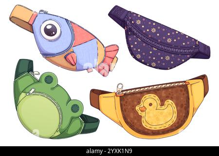 Fanny pack animal designs - cute fish shaped carrier, floral purple pouch with flowers pattern, green frog waist bag, yellow belt pack with duck print. Playful accessories for children fashion. Stock Vector