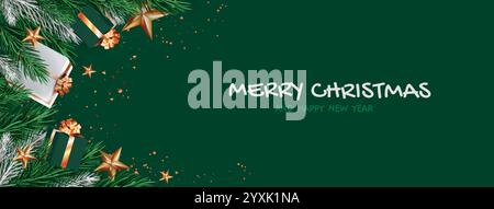 Noel background with festive border with pine branches, golden stars and wrapped presents. Emerald green design with gold decorations, white gift boxes and holiday greetings text for Christmas banner. Stock Vector